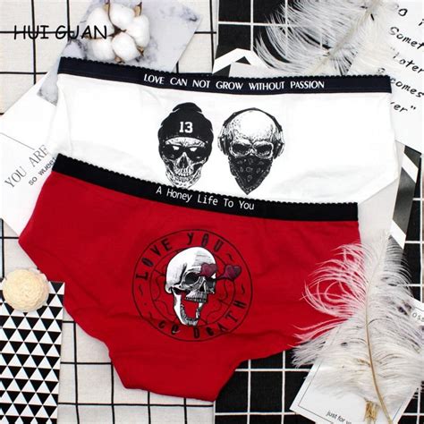 Hui Guan Punk Rock Love Skull Cool Panties Sex Thong Red Hot Sexy Cotton Lingerie Panties Women