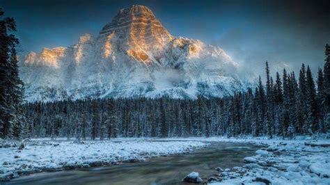 Mountain Winter Snow Trees Landscape Stream River