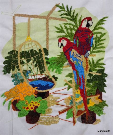 Completed Crewel Embroidery Tropical Atrium Macaw Parrots Chair 1981
