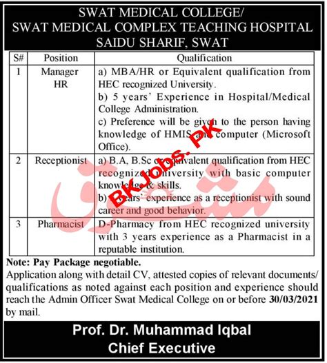 Swat Medical College Jobs For Admin Staff Bk Jobs