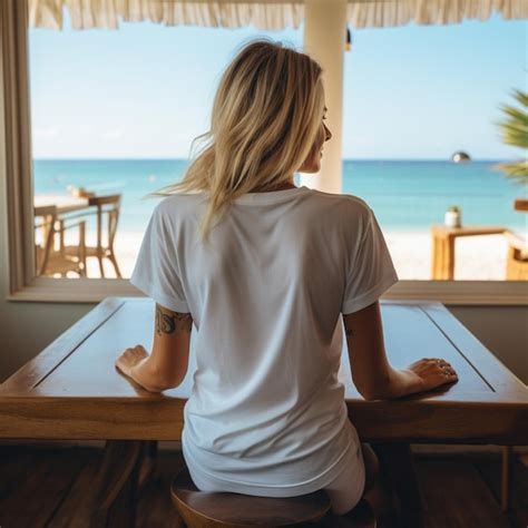 Premium Ai Image Woman Sit On The Beach Cafe Wearing A Blank White