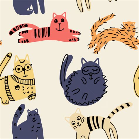 Seamless Pattern With Funny Cats Background Cat Vector Style