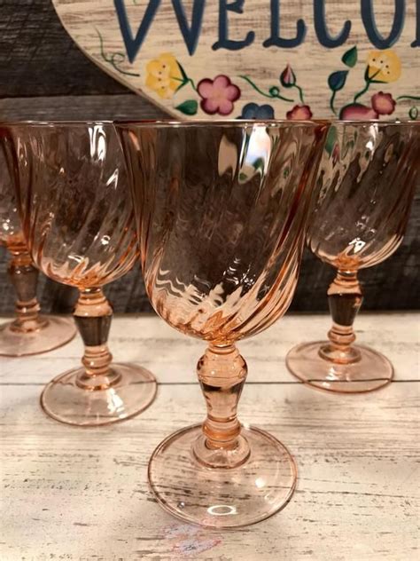 1980 S Set Of 4 Four Wine Glasses In Rosaline Pink Swirl Optic By Cristal D’arques Durand