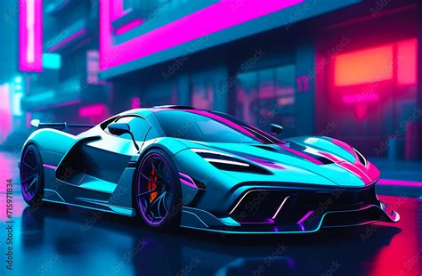 Tuned Sport Car Cyberpunk Retro Sports Car On Neon Highway Powerful Acceleration Of A