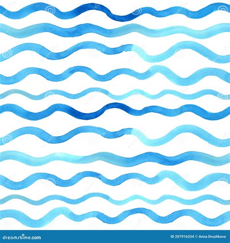 Watercolor Seamless Pattern With Blue And Turquoise Waves Or Wavy
