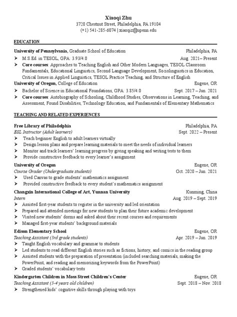 Xiaoqi Zhu Resume Pdf Download Free Pdf English As A Second Or