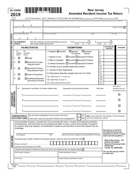Form Nj 1040x 2019 Fill Out Sign Online And Download Fillable Pdf