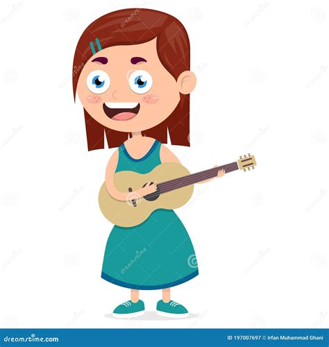 Happy Girl Playing Guitar Little Female Guitarist On Music Performance