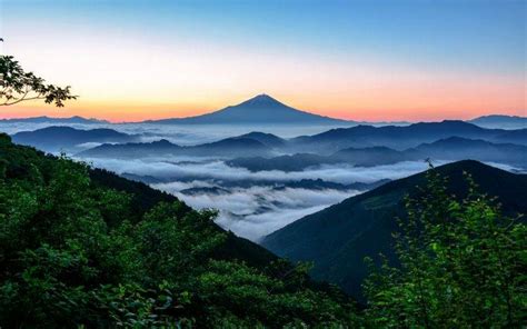 Nature Landscape Mount Fuji Japan Sunrise Forest Mountain Mist