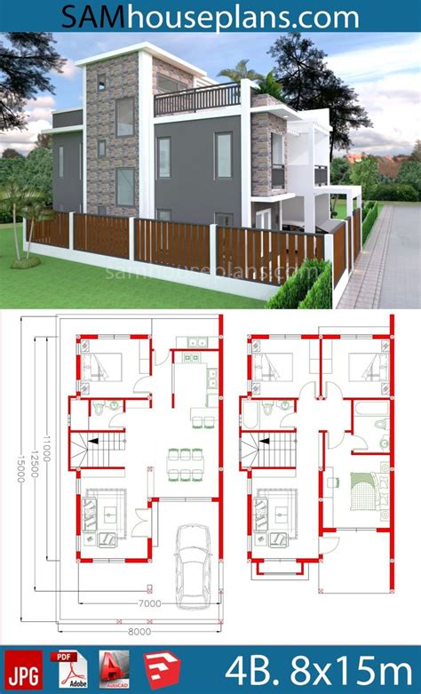 House Plans 7x12m With 4 Bedrooms Plot 8x15 Sam House Plans