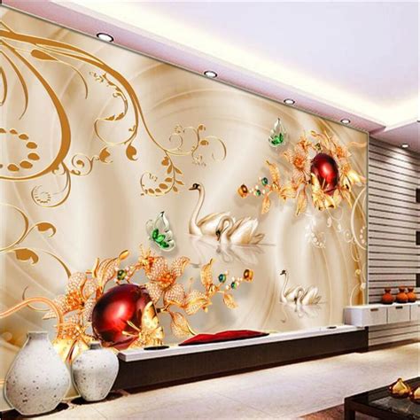 Beibehang Custom 3d Wallpapers Diamond Flowers Swan Silk Wallpapers