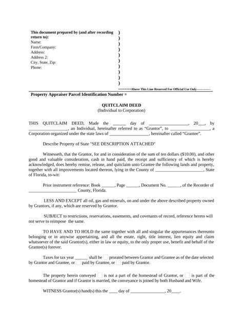 Quitclaim Deed From Individual To Corporation Florida Form Fill Out