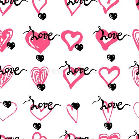 Seamless Pattern With Handwritten Word Love Hand Drawn Style Hearts