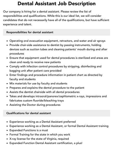 Dental Assistant Job Description Velvet Jobs