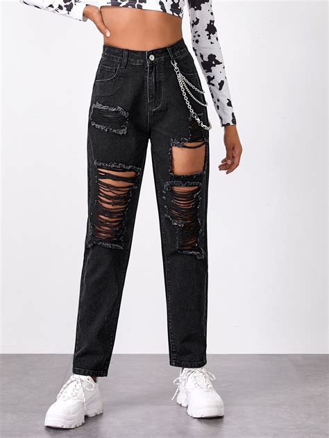 Distressed Mom Jeans Without Chain Shein Usa Black Ripped Jeans Outfit Mom Jeans Outfit