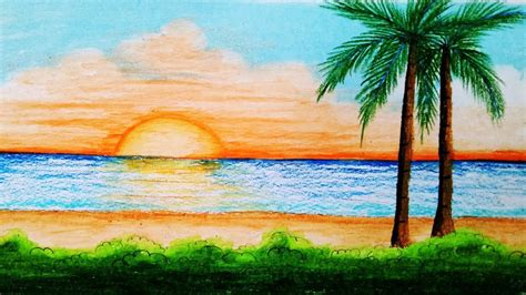 How to teach landscape drawing. How to draw sea beach scenery.Step by step (easy draw ...