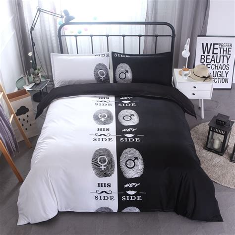 Black And White Couple His And Her Side Bedding Set Fingerprint