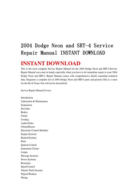 Dodge ram truck 1500/2500/3500 workshop & service manuals, electrical wiring diagrams, fault codes free download. 2004 dodge neon and srt 4 service repair manual instant ...