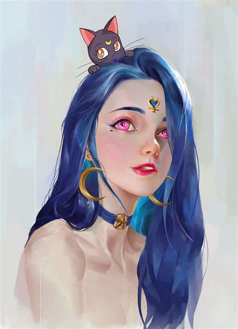 Fantasy Girl Blue Hair Illustration Cat Girl Digital Art K