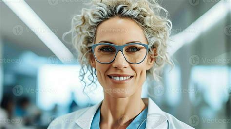 Ai Generative Head Shot Close Up Smiling Female Doctor Wearing Glasses