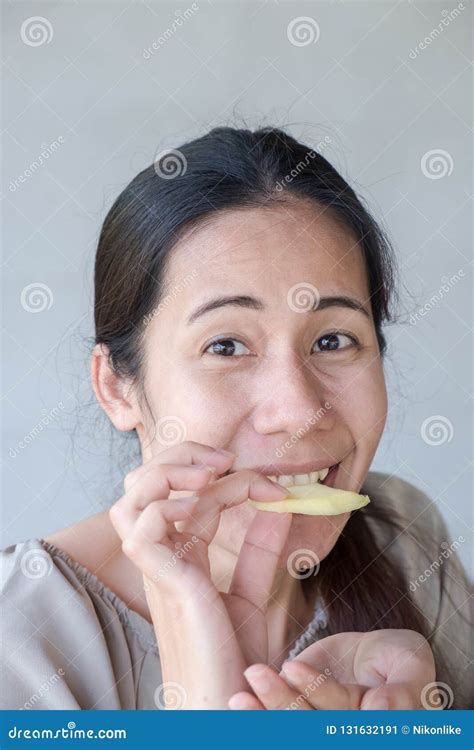 Cute Asian Woman Tasting Sour Lemon Stock Image Image Of Juicy