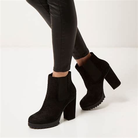 river island black suede heeled ankle boots in black lyst