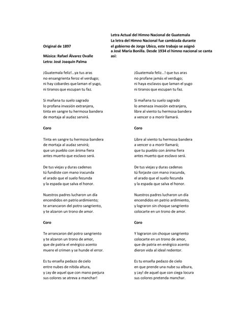 Letra Actual Del Himno Nacional De Guatemala Pdf
