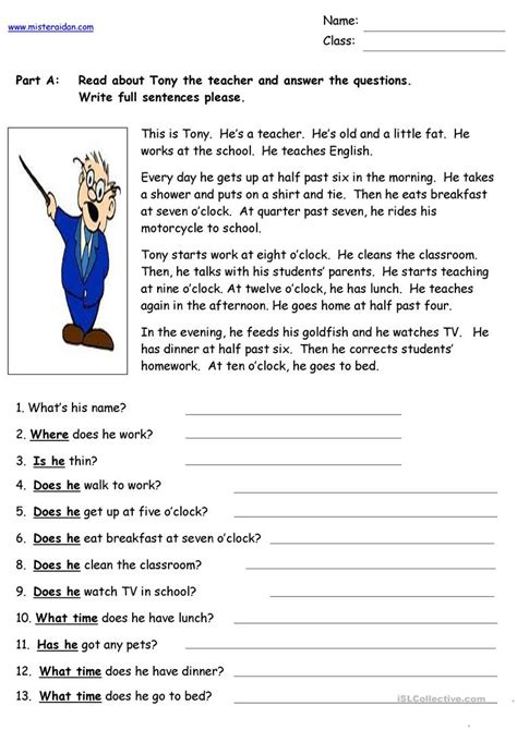 This class follows the common core state standards for 5th grade english. Tony the Teacher - Reading Comprehension worksheet - Free ...