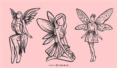 Winged Fairy Line Illustration Set Vector Download