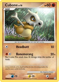 A japanese trading card, which features cubone using the move growl, partially reveals cubone's face. Cubone