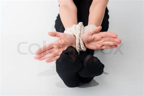 Cropped View Of Woman With Tied Hands Stock Image Colourbox