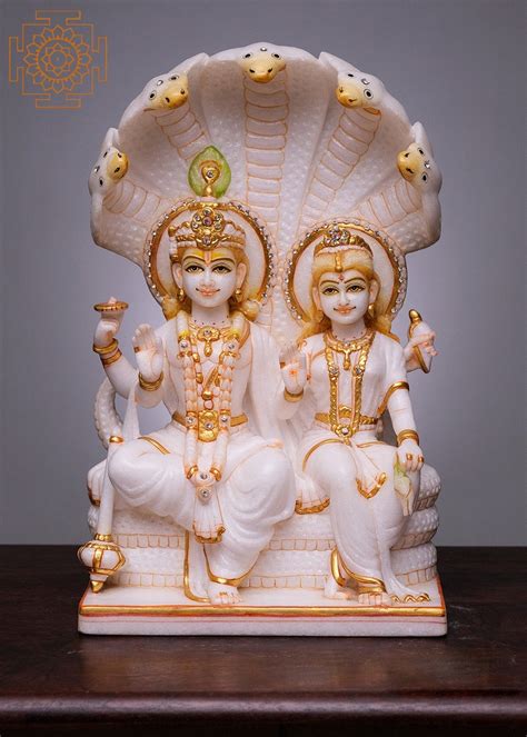 15 Vishnu And Lakshmi Seated On Sheshnag Handmade White Marble