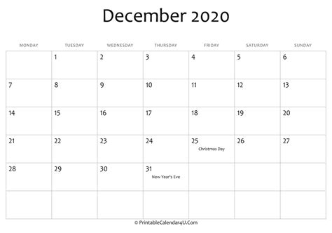 December 2020 Editable Calendar With Holidays