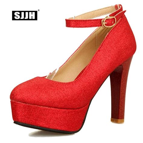 Sjjh Woman Sexy Bling Pumps With Round Toe Chunky Heels Platform Buckle Strap Autumn Fashion