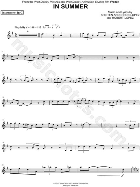 In Summer C Instrument From Frozen Sheet Music