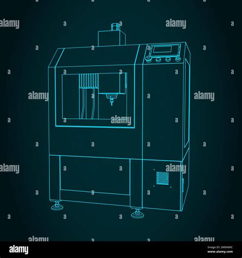 Stylized Vector Illustration Of Blueprints Of Automatic Cnc Milling