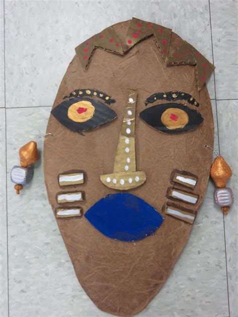 3rd Grade Paper Mache African Mask With Clay Bead Earrings Approx14