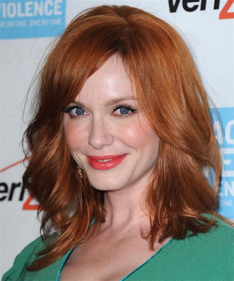 Christina Hendricks Medium Straight Copper Red Hairstyle With Side Swept Bangs