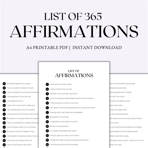 list of 365 affirmations affirmations printable positive affirmations for personal growth