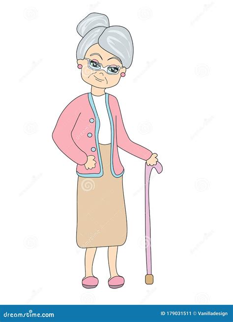 Old Woman With Cane Doodle Isolated Illustration Cartoon Vector