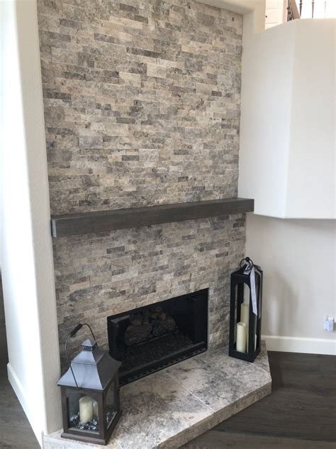 Fireplace Remodel Using A Silver Travertine Stacked Stone With A