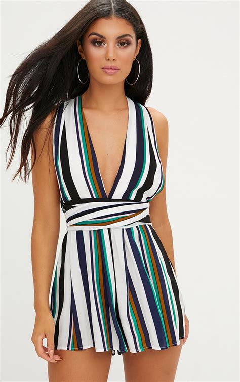 Stripe Tie Back Playsuit Prettylittlething