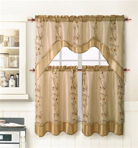 Beige 3 Piece Kitchen Window Curtain Treatment Set 2 Layer