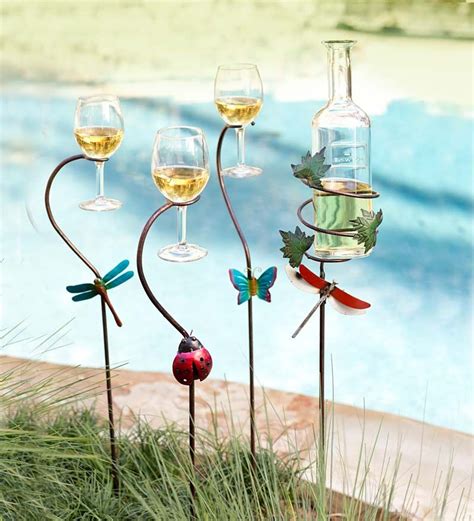 Metal Wine Bottle And Glass Holder Stakes Set Wind And Weather Glass Holders Wine Glass