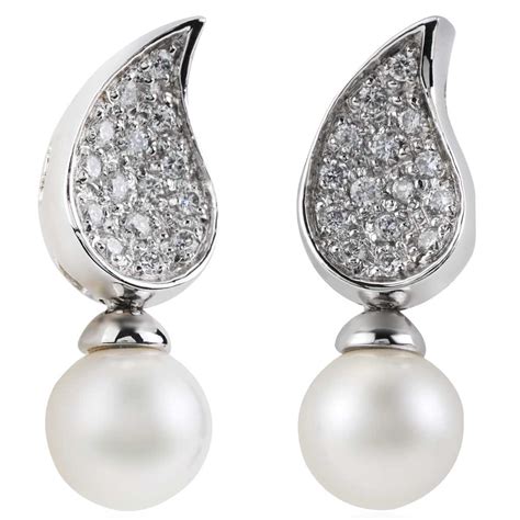 Pear Shaped Pave Pearl Drop Earrings In White Gold New York Jewelers