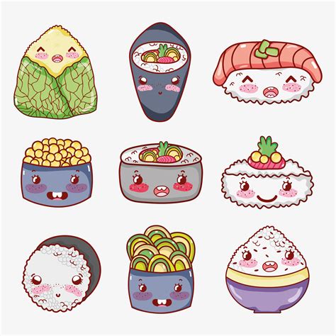 Asian Food Cute Kawaii Cartoon 624663 Vector Art At Vecteezy