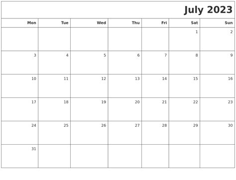 July 2023 Printable Blank Calendar