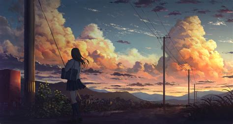 Wallpaper Clouds Sky Anime Girl Scenic Anime Landscape Resolution