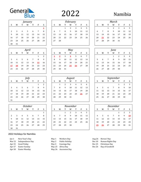 2022 Namibia Calendar With Holidays