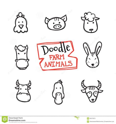 This little farm is full of sweet farm animals! Vector Doodle Style Farm Animals Icons Set. Cute Hand Drawn Collection Of Animal Heads Stock ...